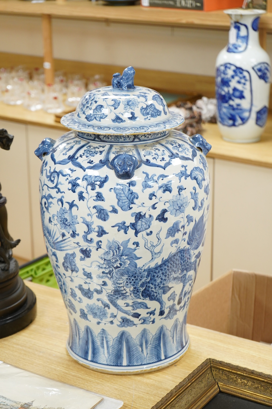 A large Chinese blue and white baluster vase and cover, 62cm high